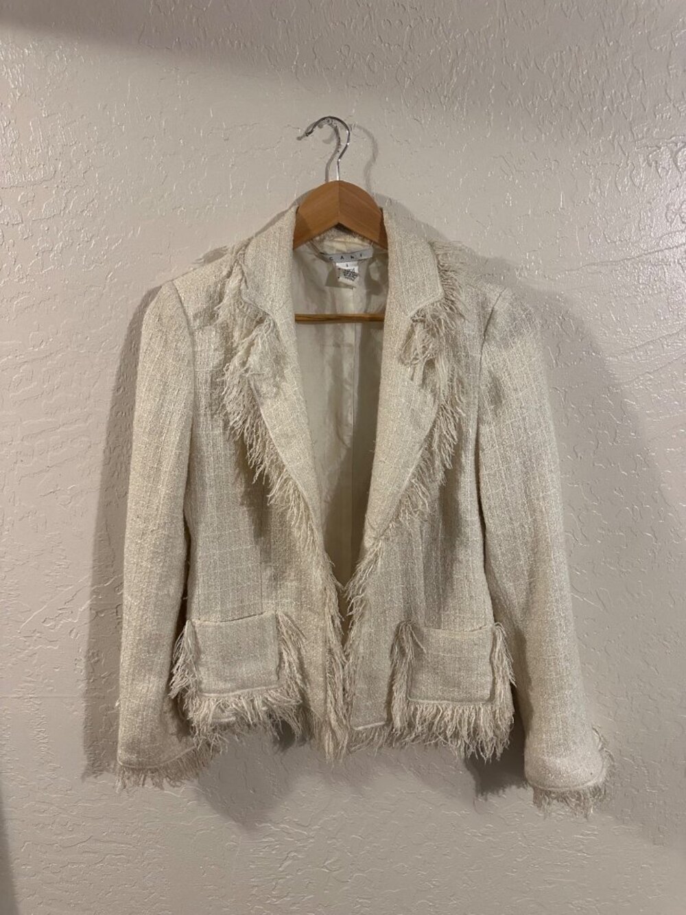 Cabi Tweed Fringe Hem Cream Textured Business Casual Unique Blazer Jacket